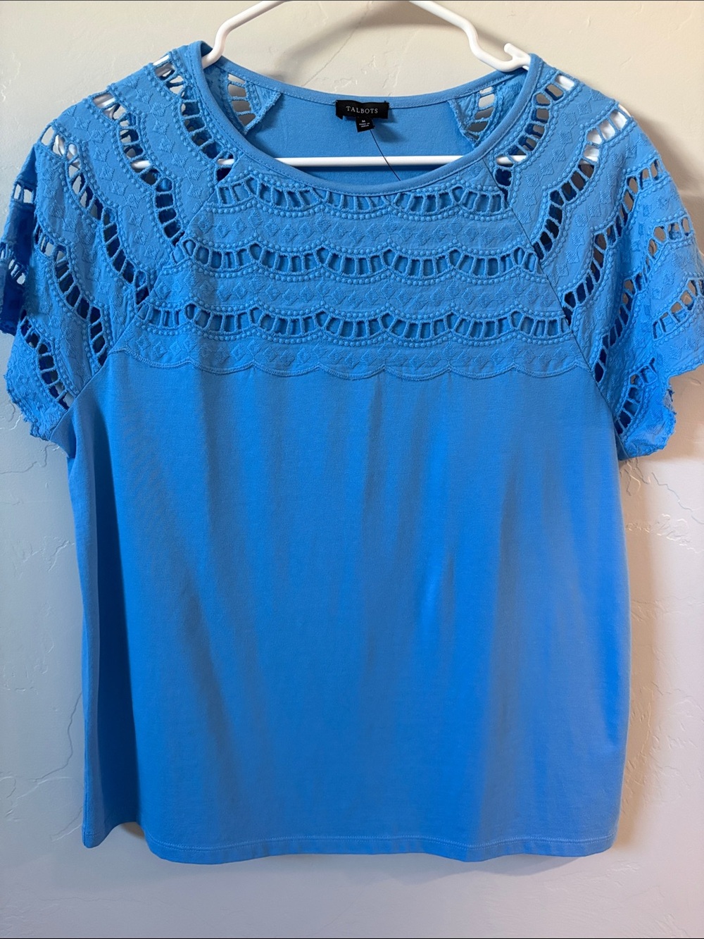 NWT Talbots Bright Blue Crochet Yoke Short Sleeve Tee